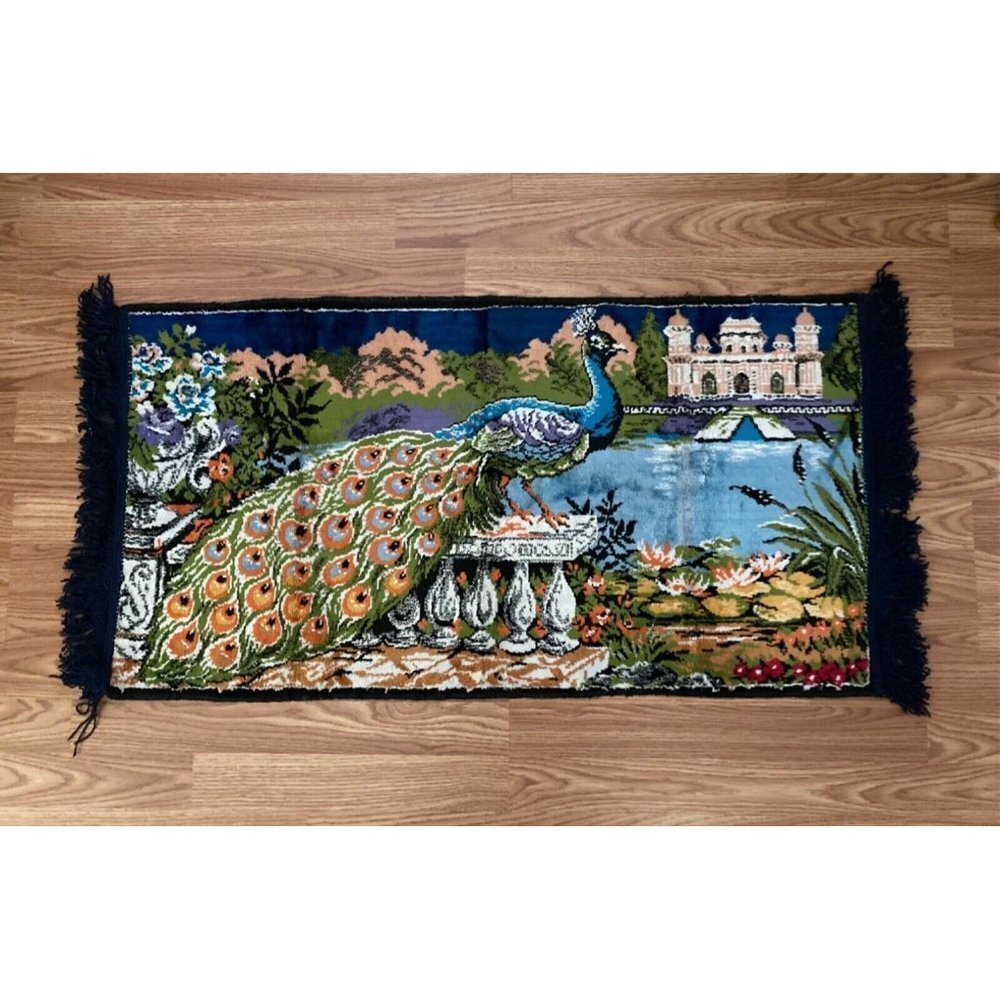 Velvet Tapestry Rug/Wall Hanging Peacock Vibrant Colours Exc Condition